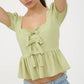 FRONT BOW DETAIL PUFF SLEEVE PEPLUM TOP