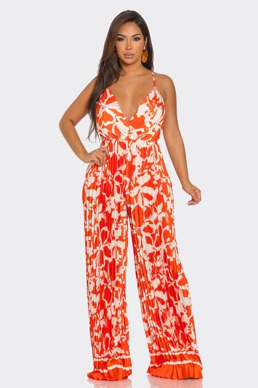 BCCJ71690  Suspender Print Pleated Jumpsuit