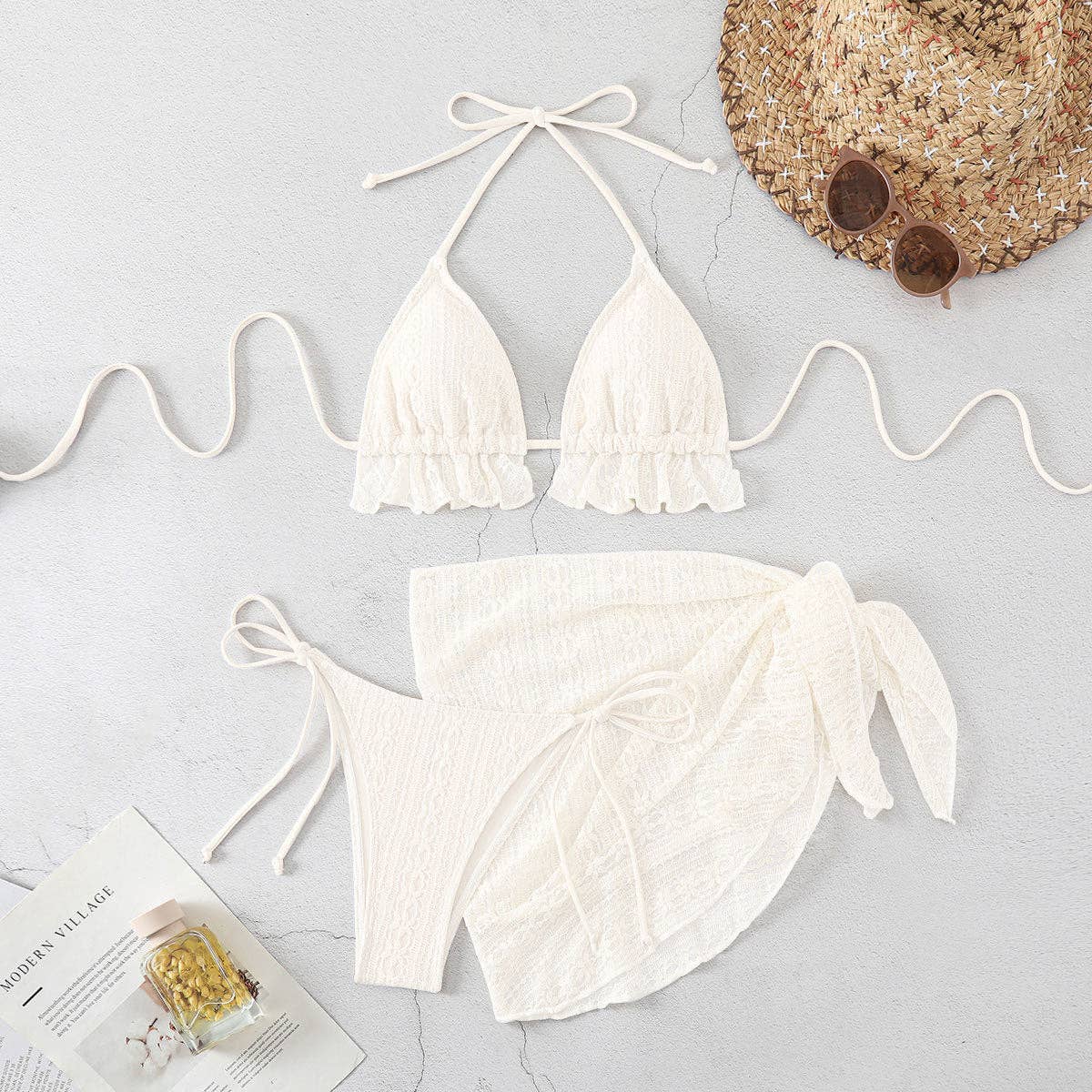 3PCS Solid Color Lace Backless Swimwear