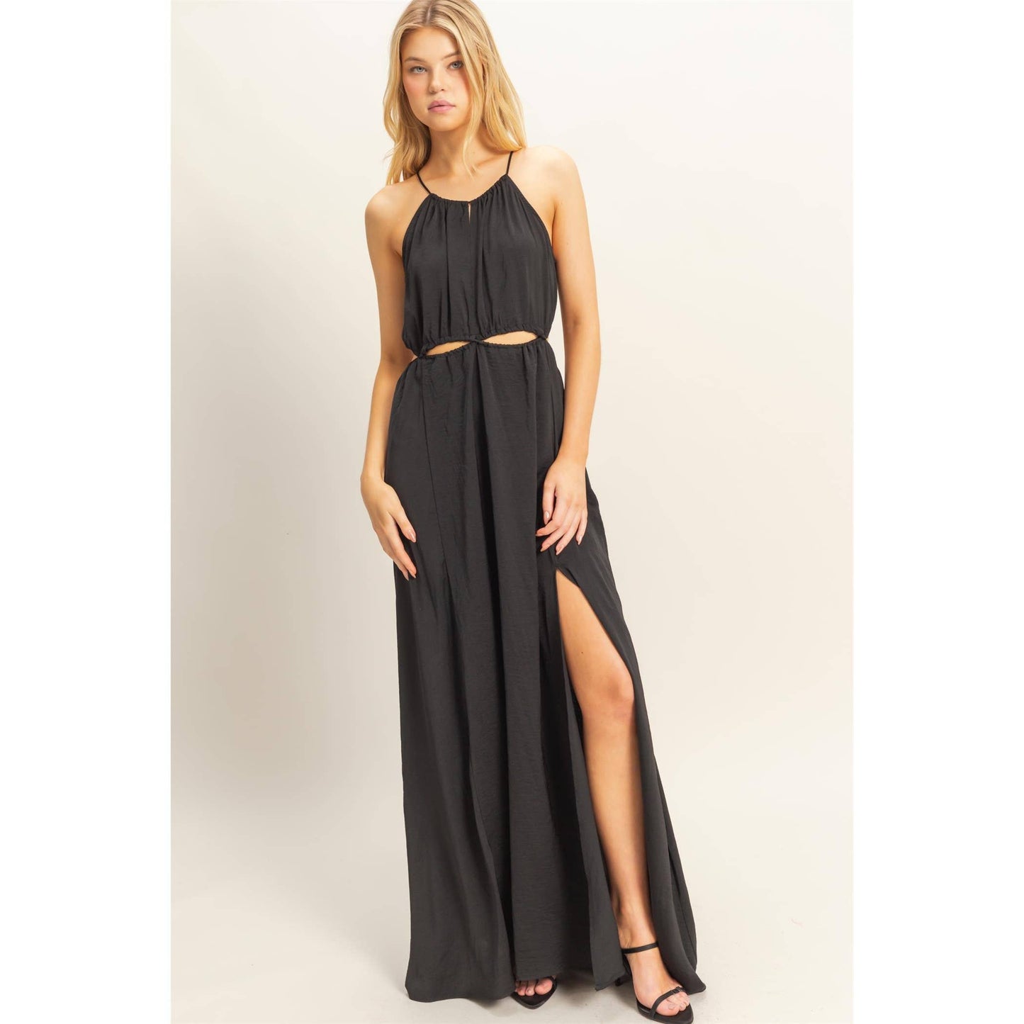 HF25E129-Side Cutout Side Slit Maxi Dress