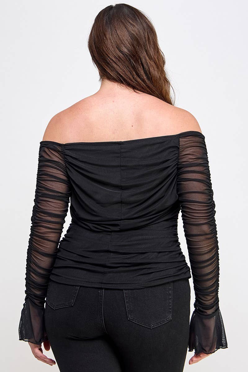 The Monica Plus Size Over the Shoulder Ruched Mesh Top