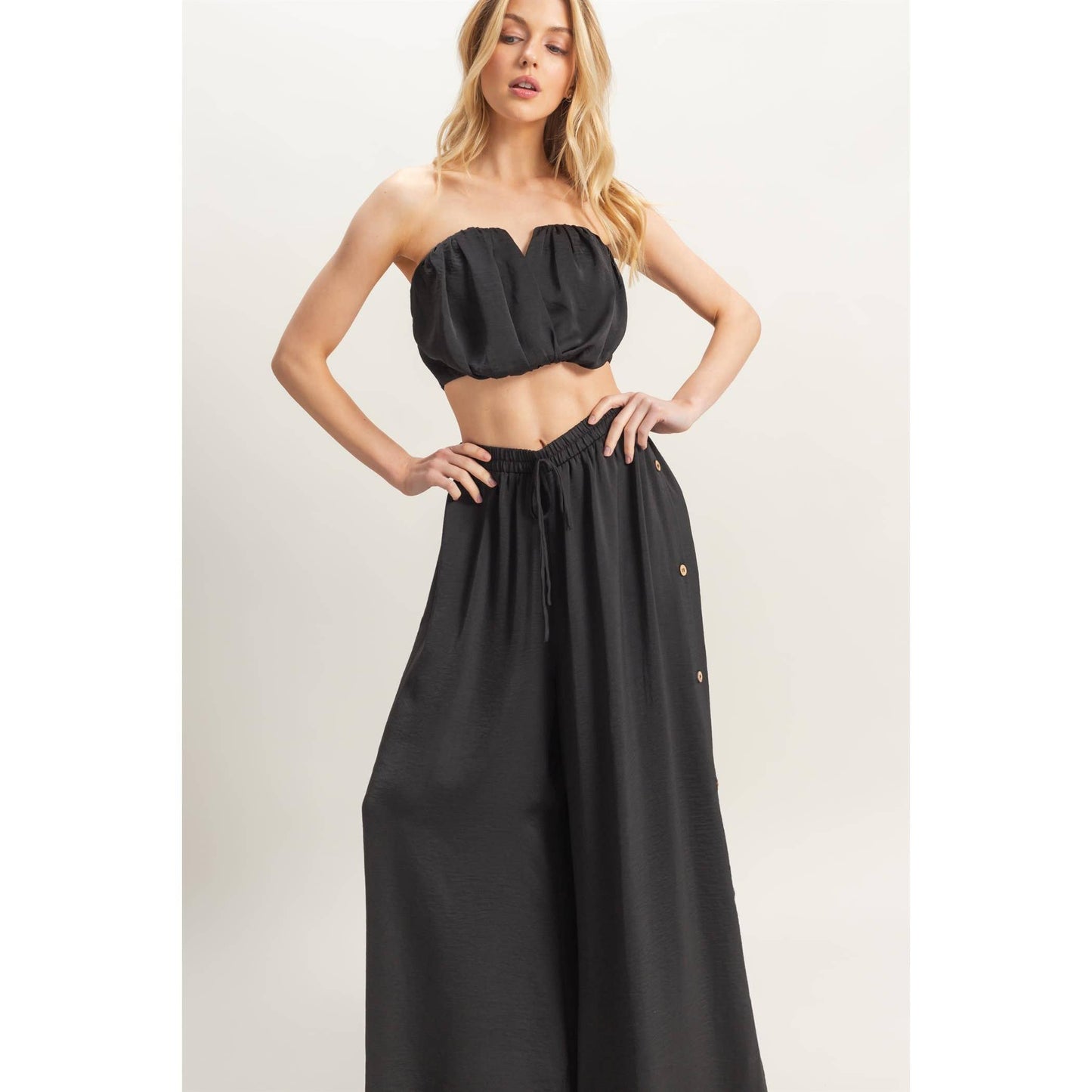 HF25E001-SET-Ruched Top And High Waist Pants Set