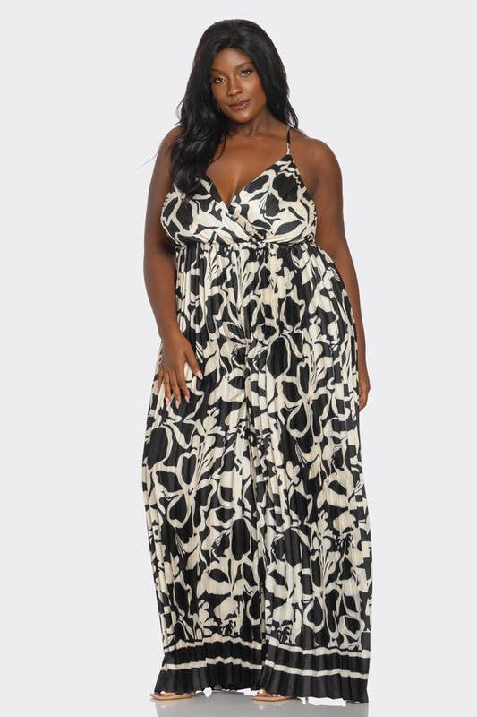 BCCJ71690 PLUS   Suspender Print Pleated Jumpsuit