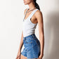 High Rise Trim Midi Stretch Denim Shorts