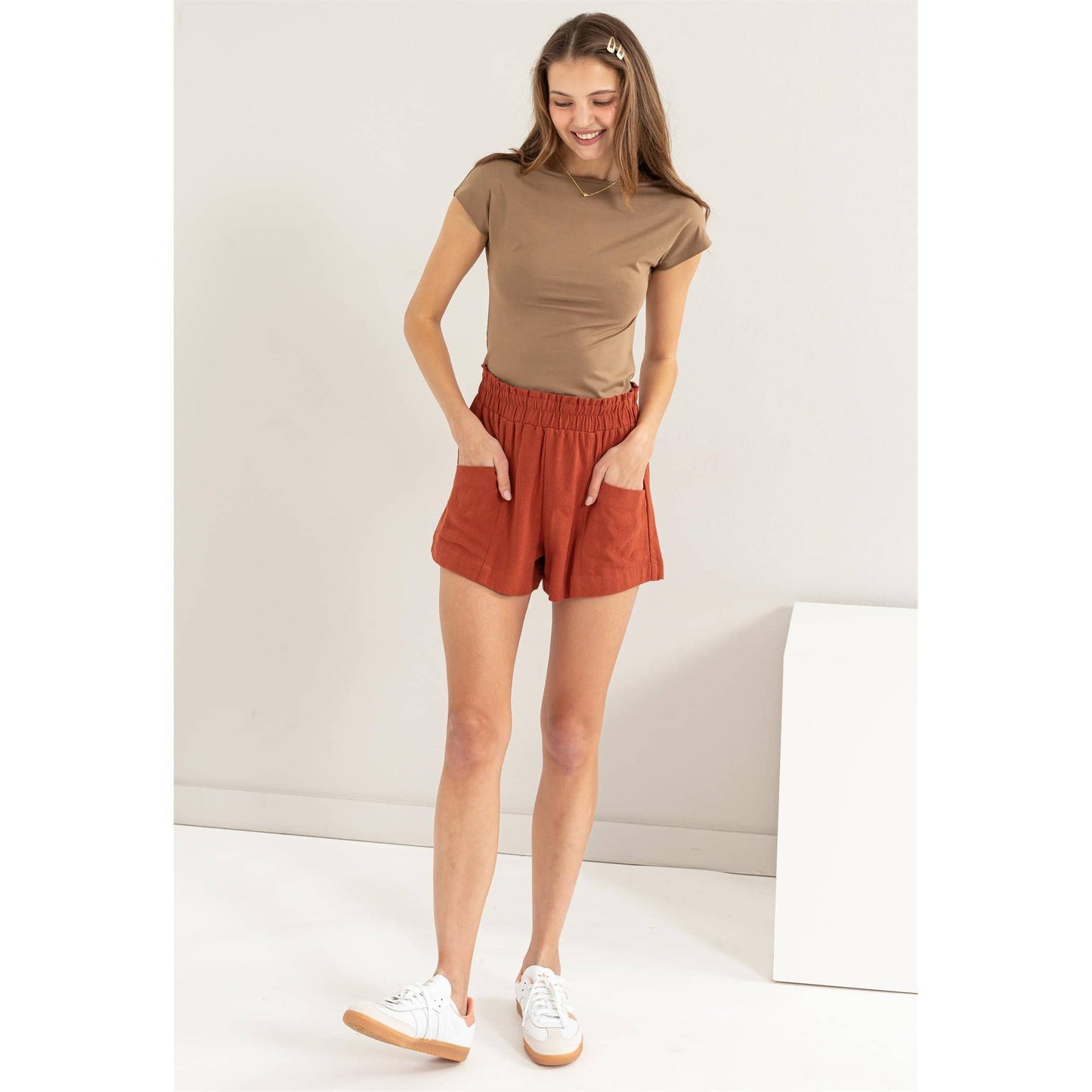 DZ24C377-D-ALL TIME FUN HIGH WAIST LINEN SHORTS