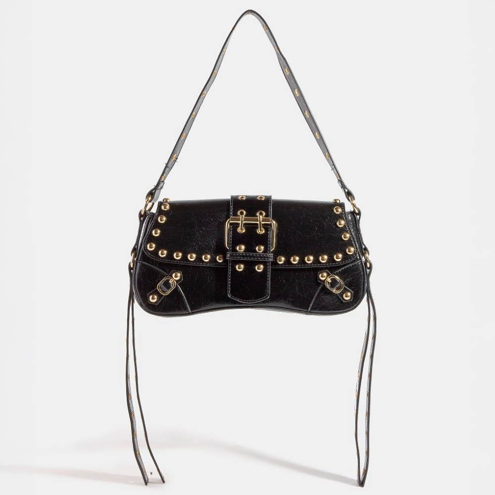 Glossy Faux Leather Rivet Trim Shoulder Bag