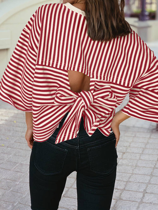Stripe Bowknot Cutout Back Drop Shoulder Wide Bracelet Tee
