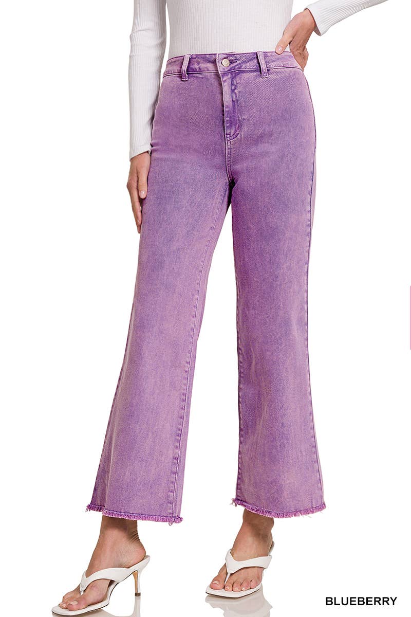 Acid Wash Frayed Hem Straight Wide Denim Pants