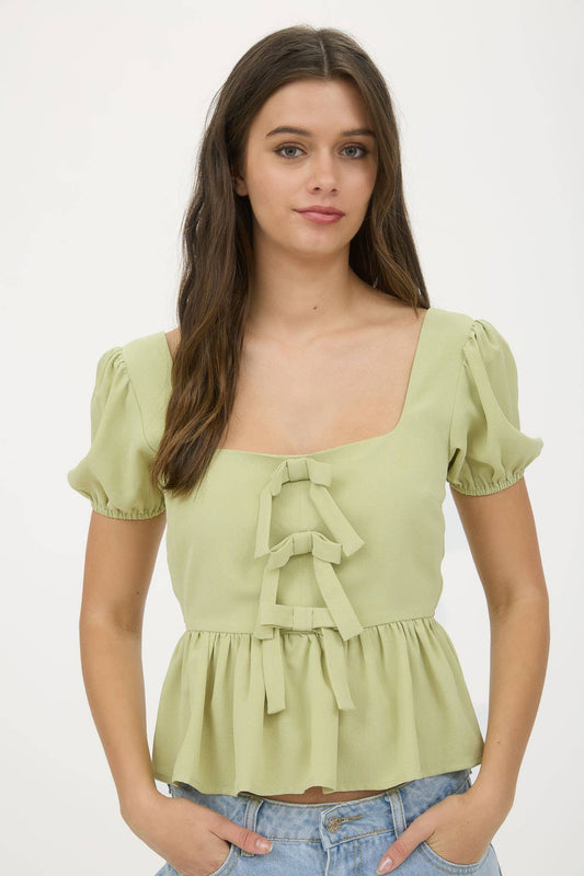 FRONT BOW DETAIL PUFF SLEEVE PEPLUM TOP