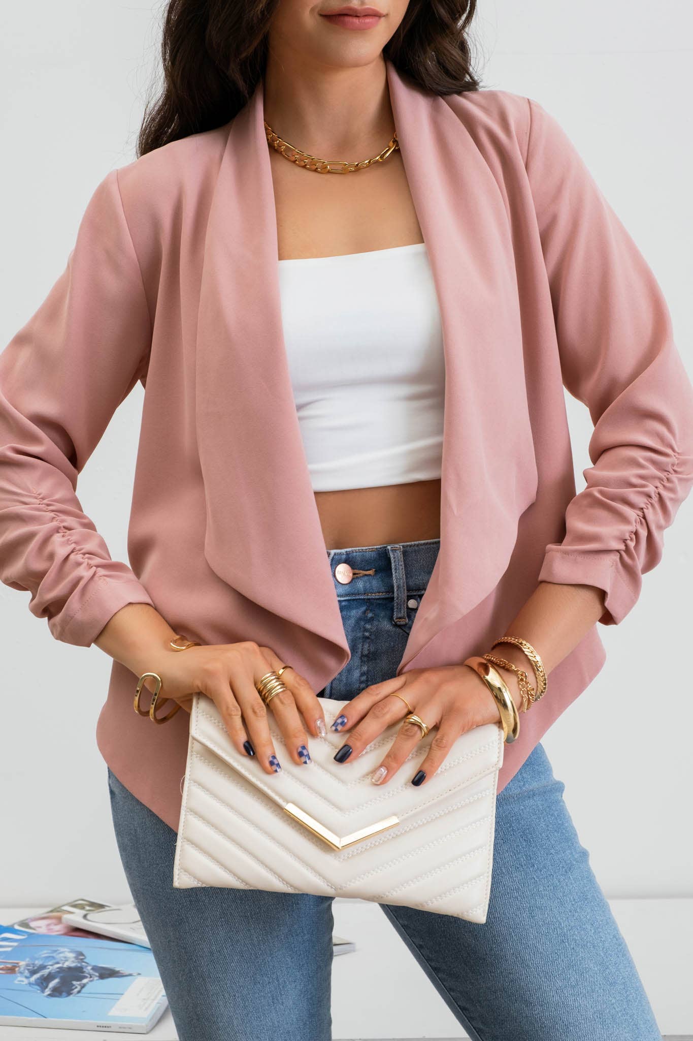 3/4 ROUCHED SLEEVE BLAZER