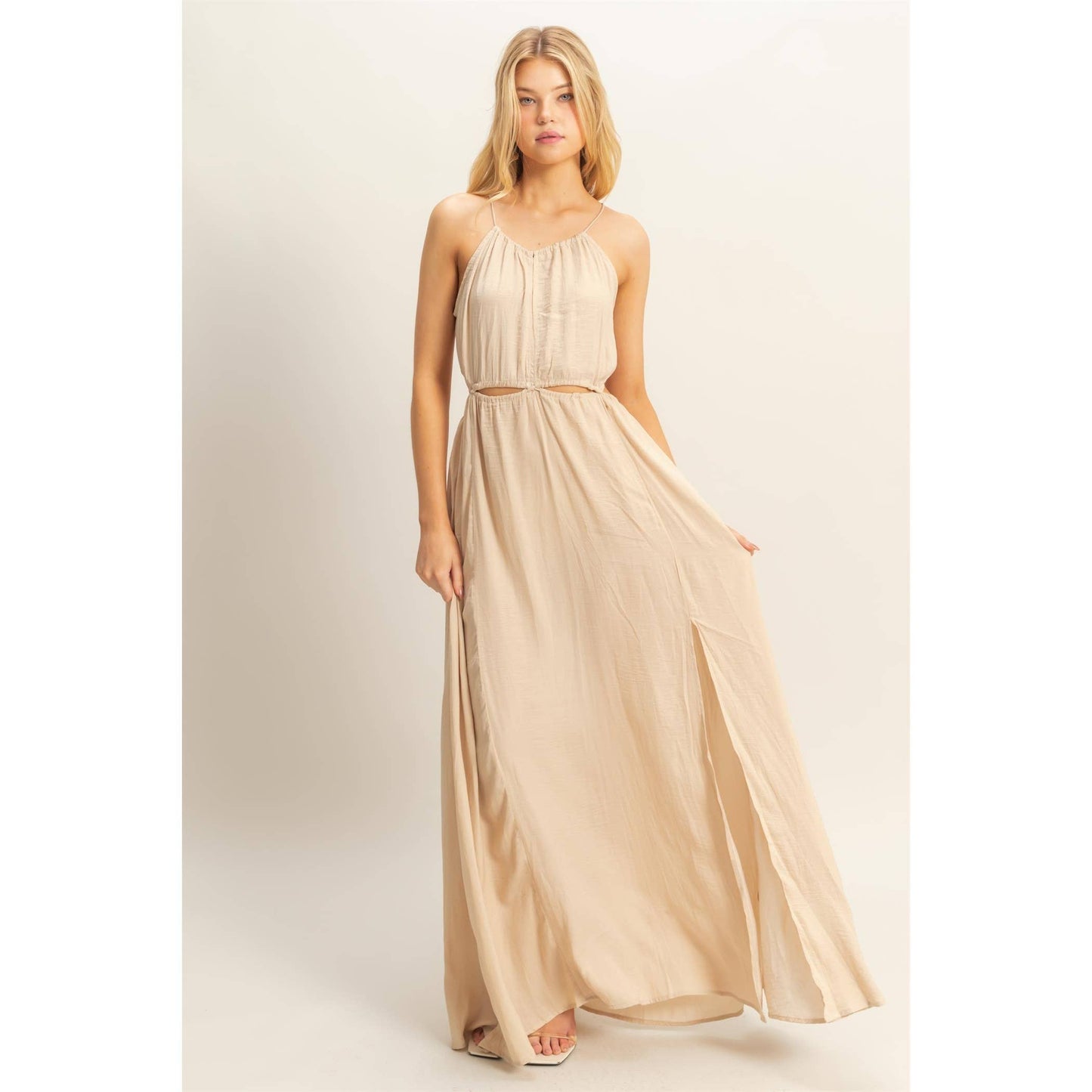 HF25E129-Side Cutout Side Slit Maxi Dress