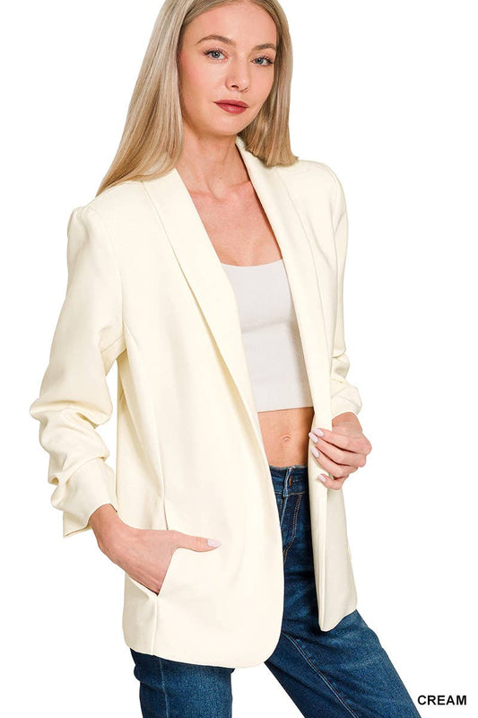 Woven 3/4 Ruched Sleeve Open Front Classic Blazer