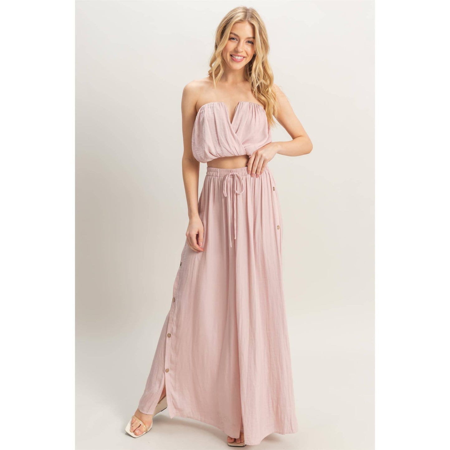HF25E001-SET-Ruched Top And High Waist Pants Set