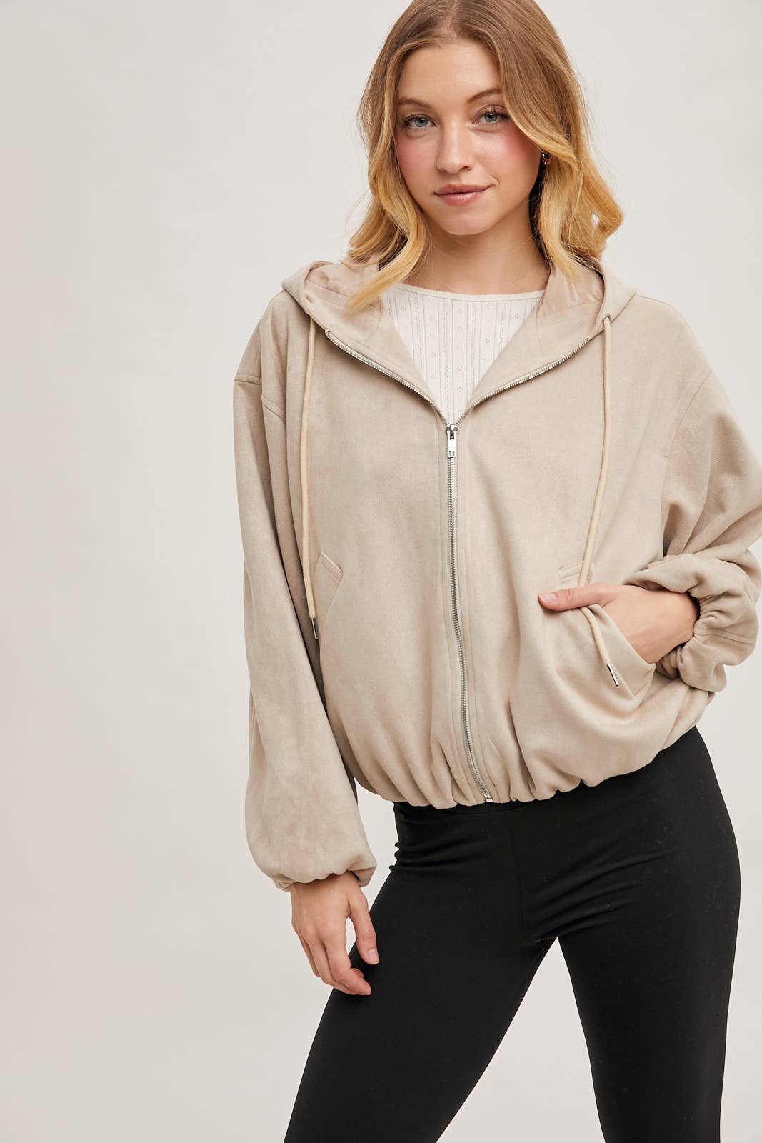 FAUX SUEDE HOODED CROP JACKET WITH ZIPPER