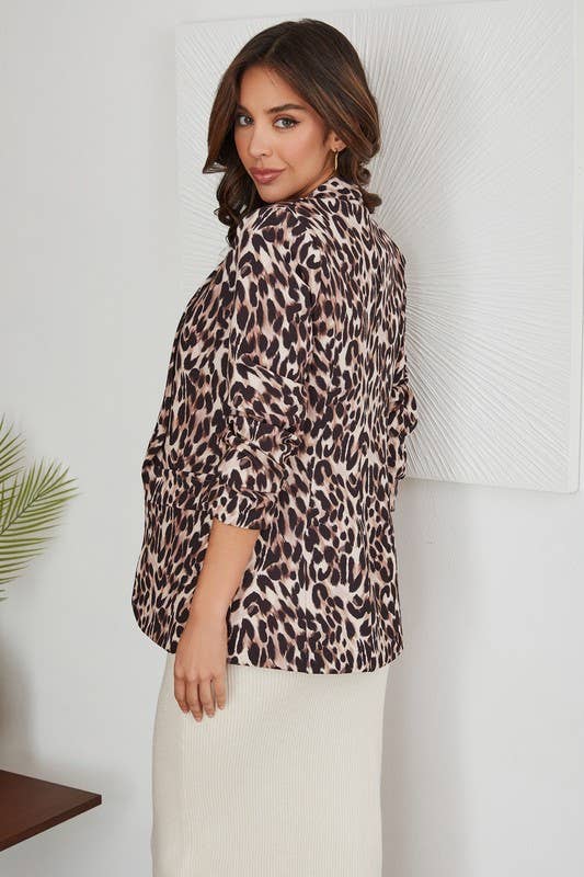 LEOPARD PRINT 3/4 RUCHED SLEEVE BLAZER(80172-LEOPARD#1)