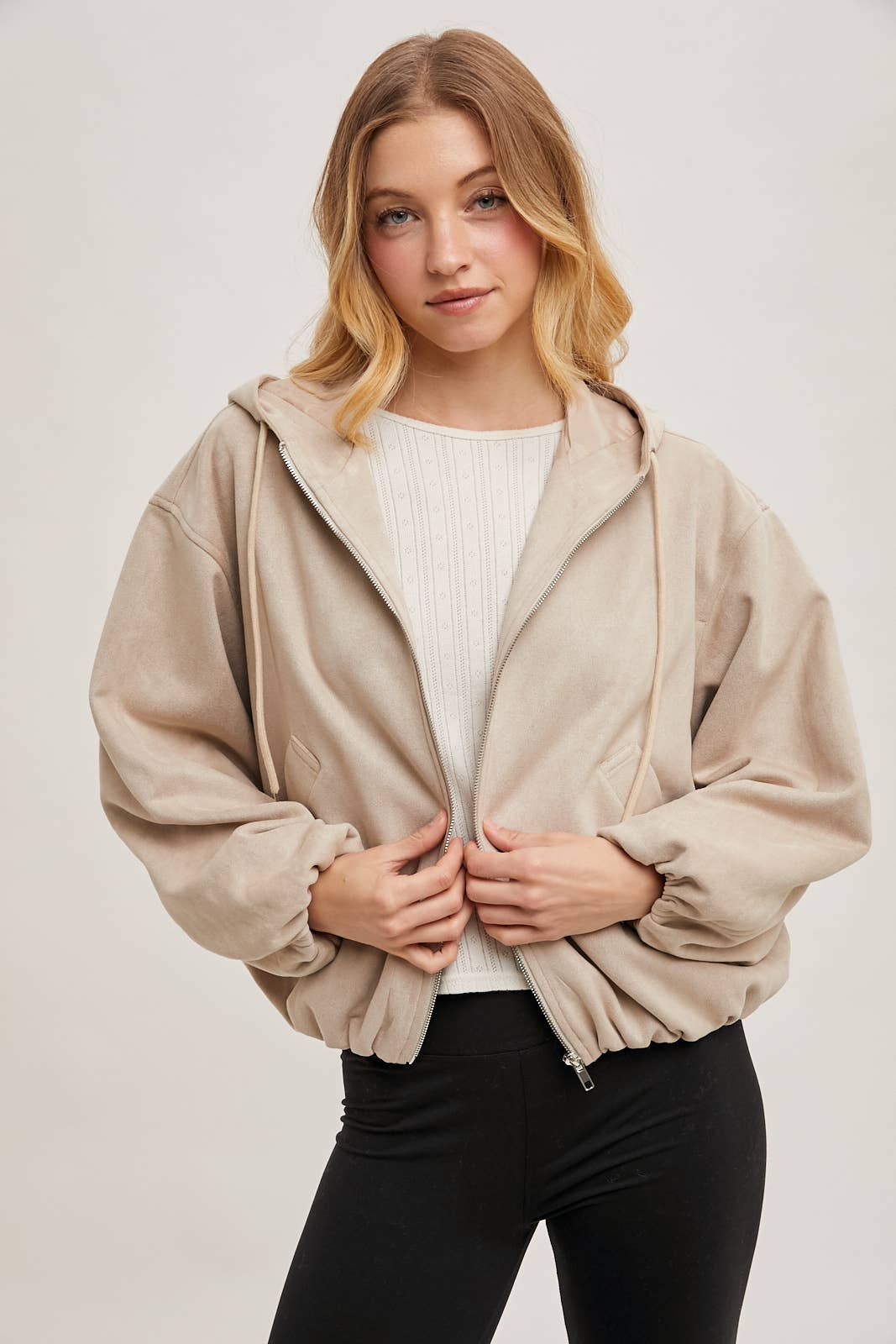 FAUX SUEDE HOODED CROP JACKET WITH ZIPPER