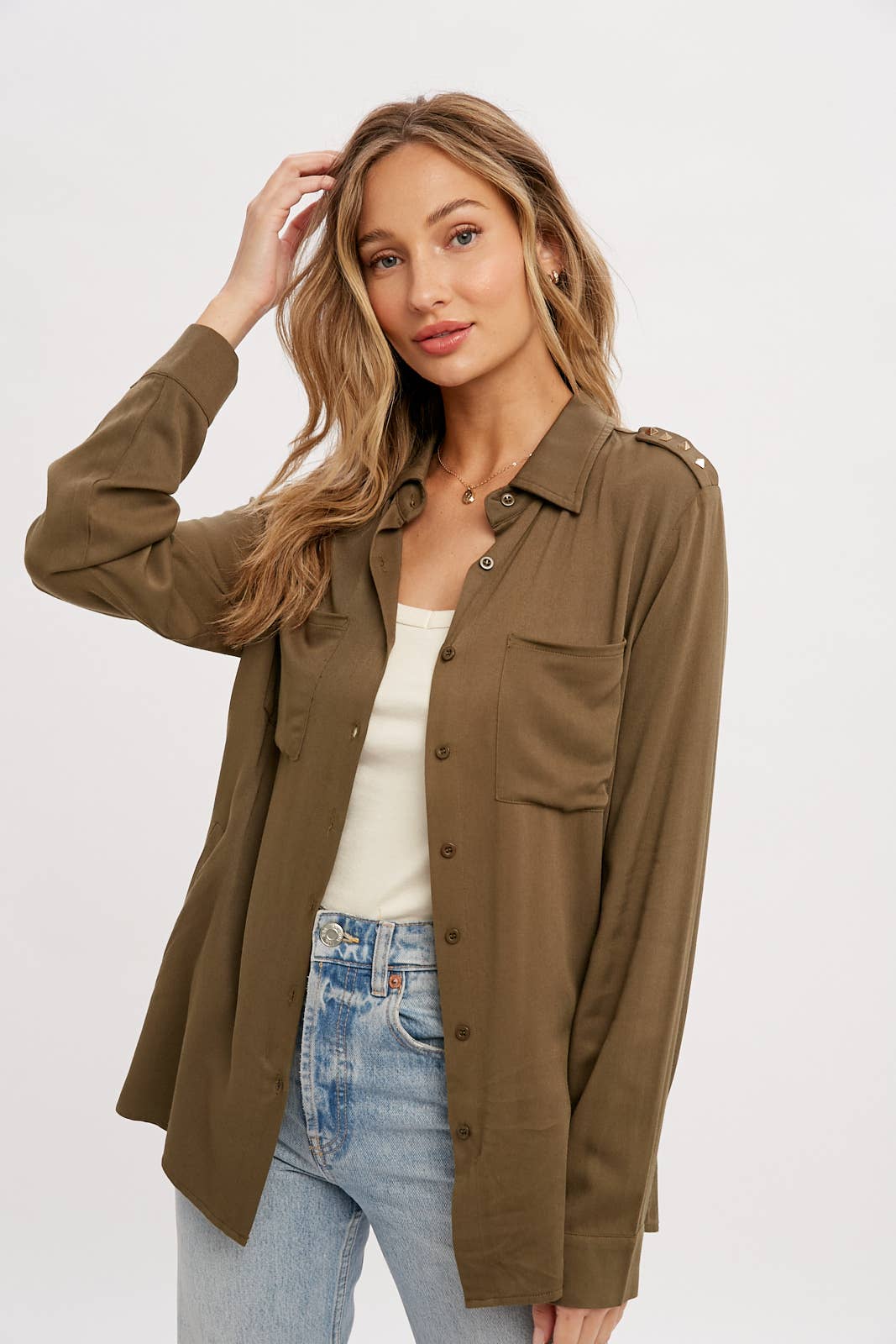 STUDDED EPAULETTE BUTTON UP SHIRT