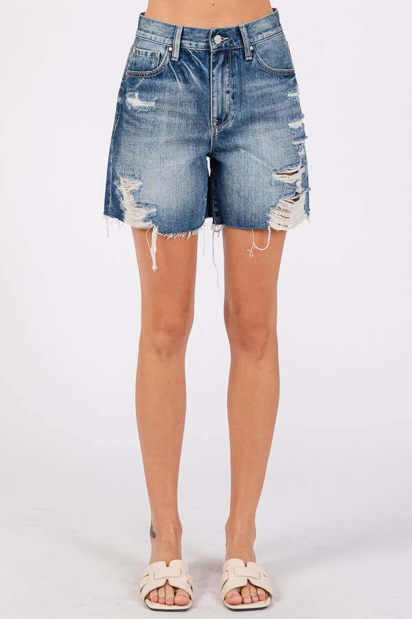 P1355R-MD HIGH RISE RIGID RELAXED MIDI SHORT W/ FRAYED HEM