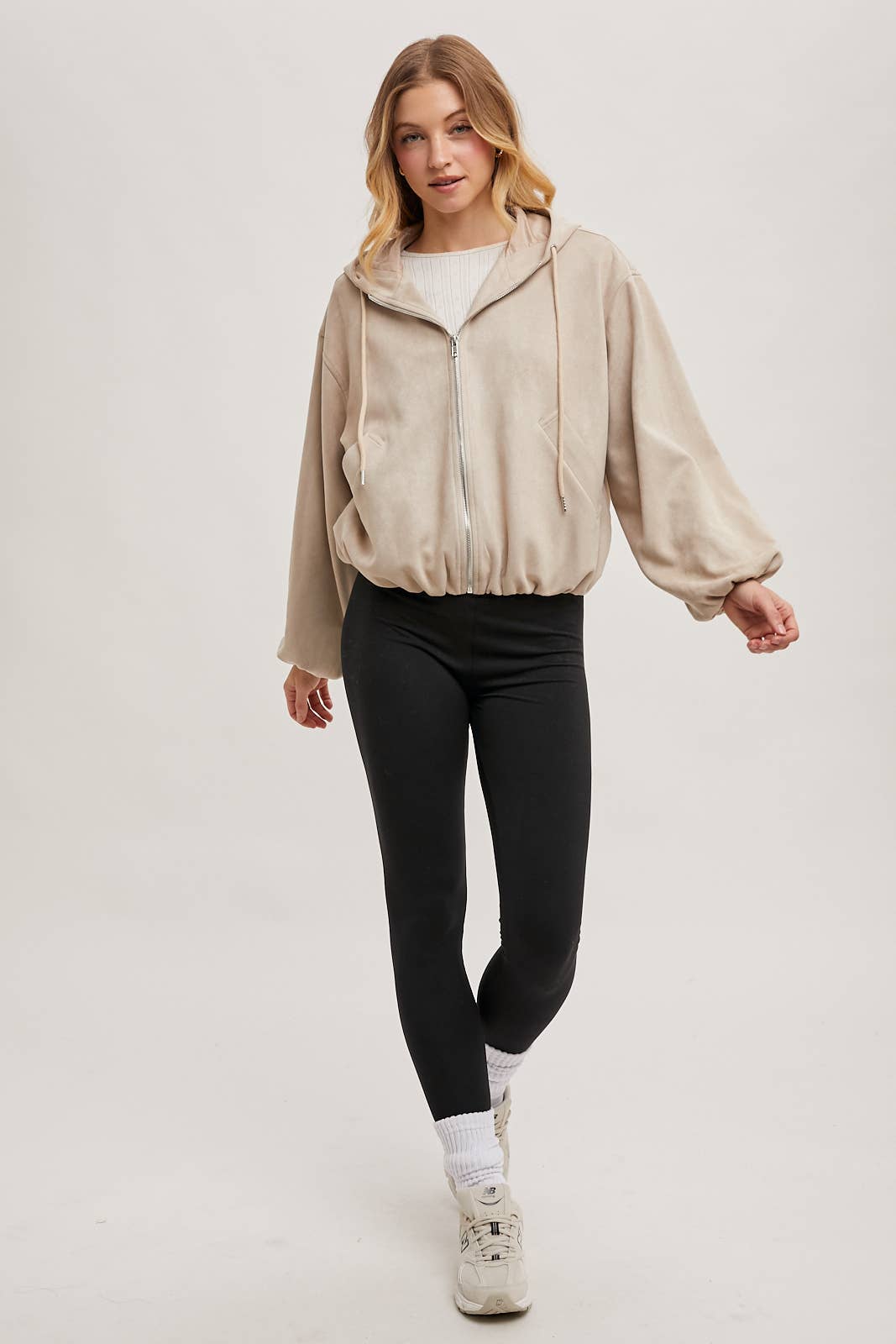 FAUX SUEDE HOODED CROP JACKET WITH ZIPPER