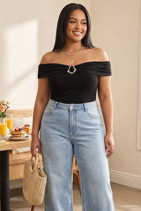 Plus Size Off-Shoulder Top with Metal Accent
