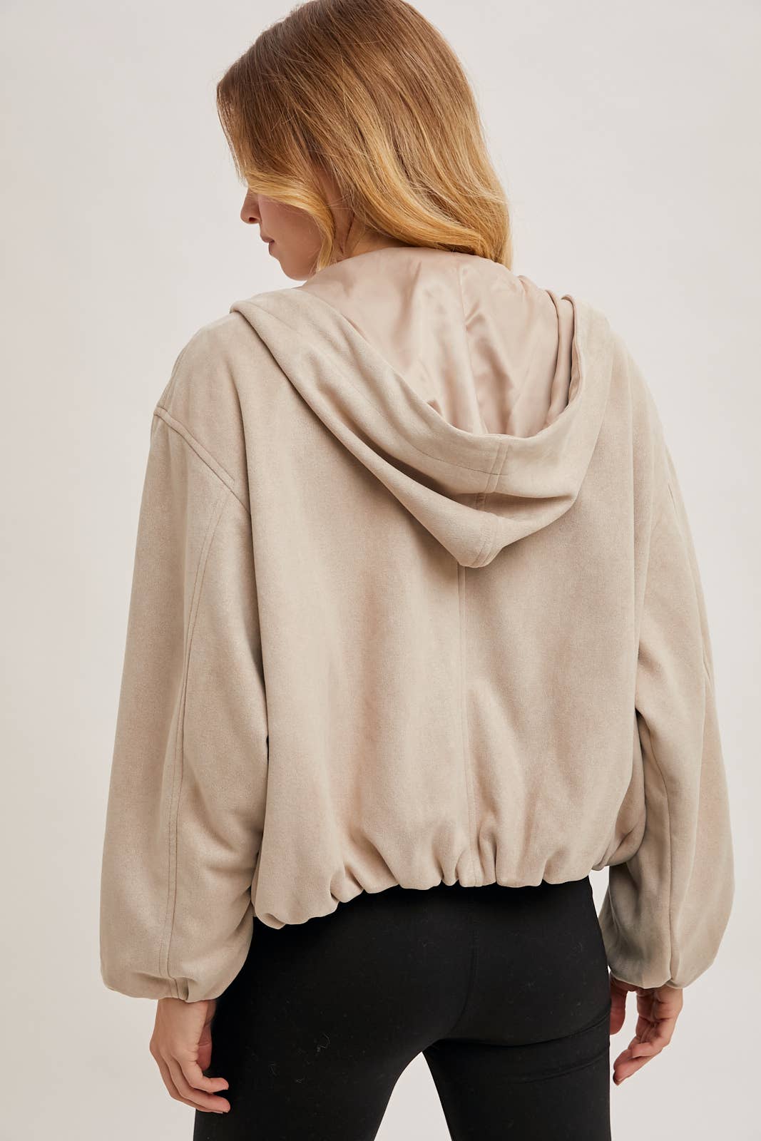 FAUX SUEDE HOODED CROP JACKET WITH ZIPPER