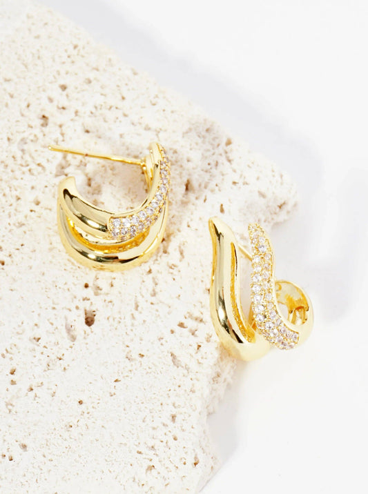 14K Gold Dipped 15mm Pave Set CZ Wavy Double Line Hoop Earrings