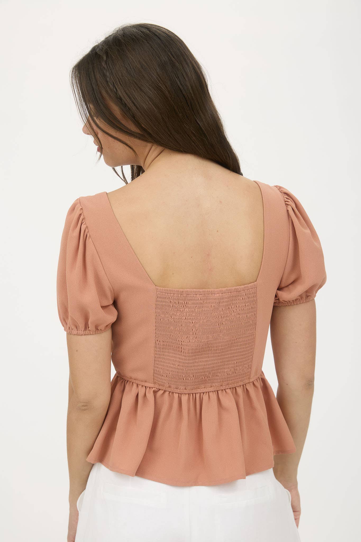 FRONT BOW DETAIL PUFF SLEEVE PEPLUM TOP
