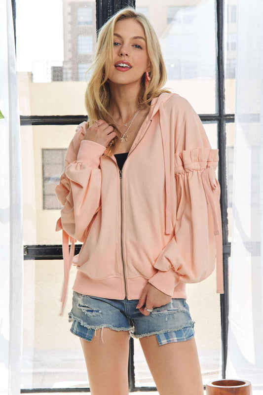 RUFFLED PUFF SLEEVE ZIP UP HOODIE