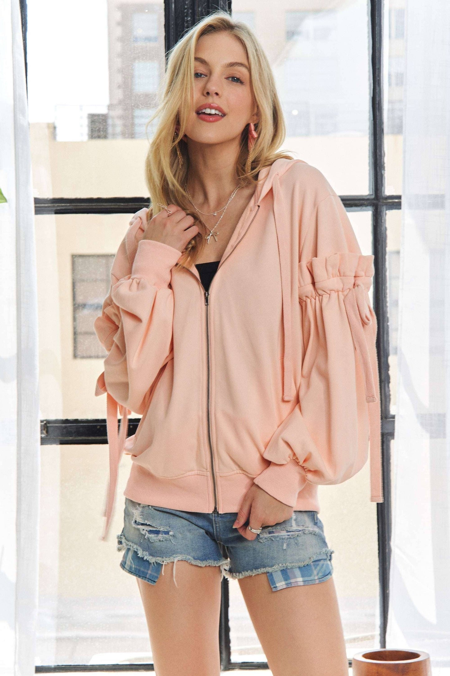 RUFFLED PUFF SLEEVE ZIP UP HOODIE