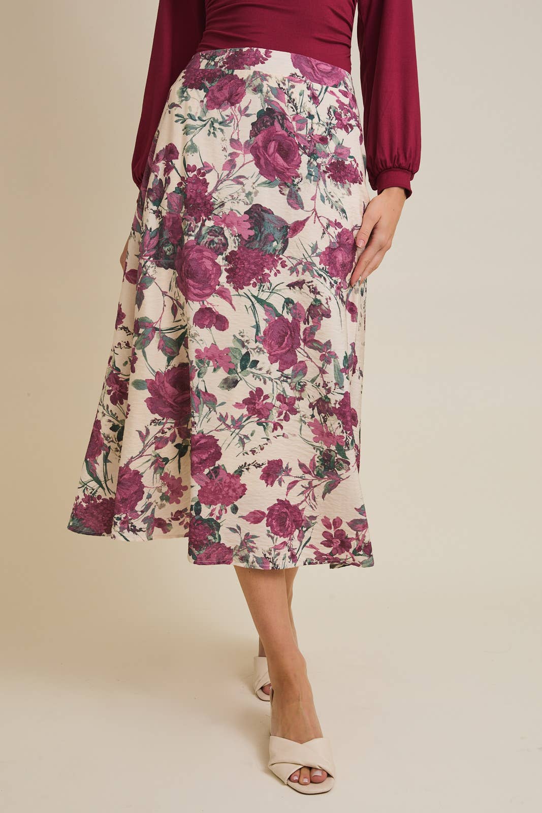 FLARE HEM FLORAL MIDI SKIRT