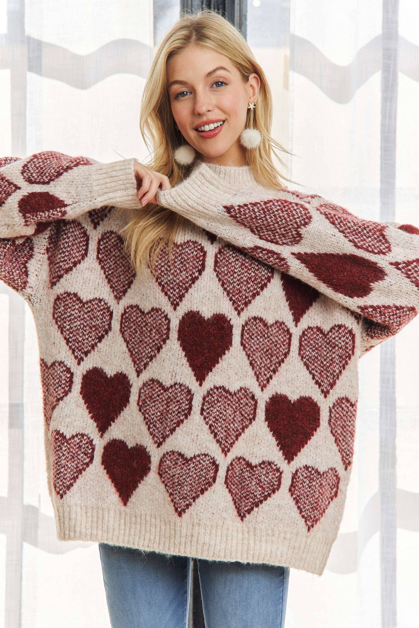 MOCK NECK HEART PRINT PULLOVER SWEATER