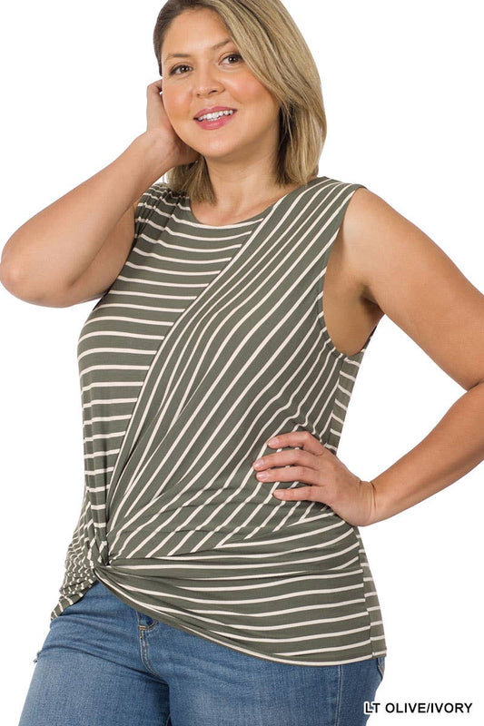 .SI-22403 Plus Striped Knot Front Sleeveless Top