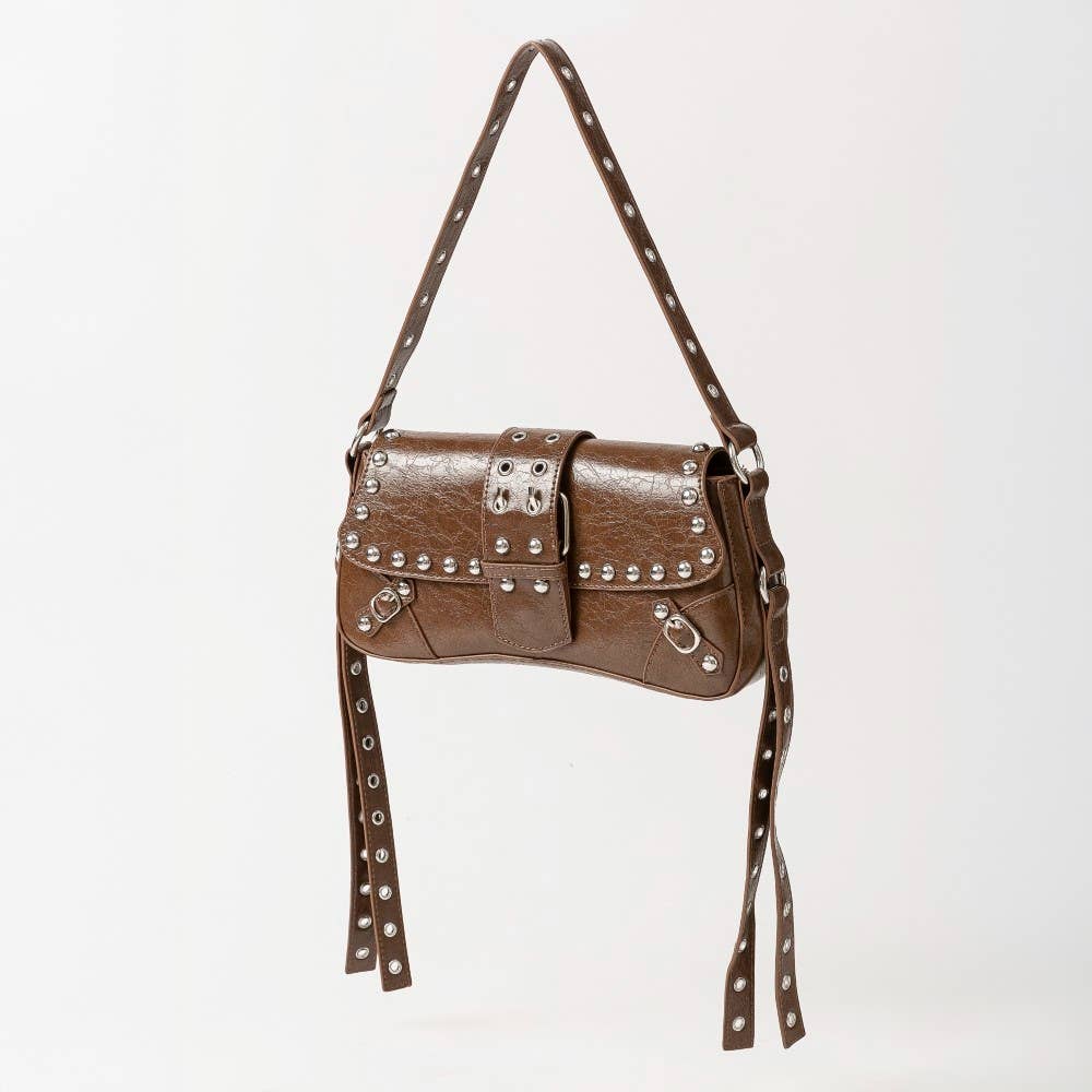 Glossy Faux Leather Rivet Trim Shoulder Bag