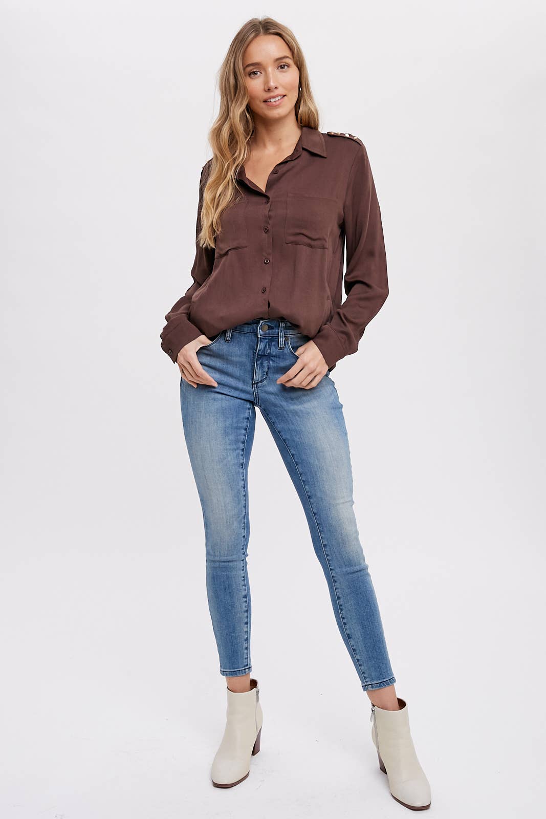 STUDDED EPAULETTE BUTTON UP SHIRT