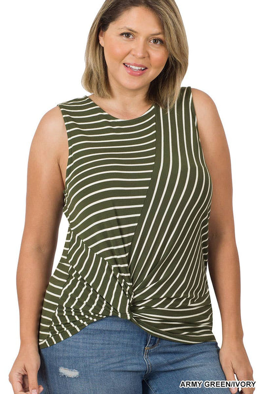 .SI-22403 Plus Striped Knot Front Sleeveless Top