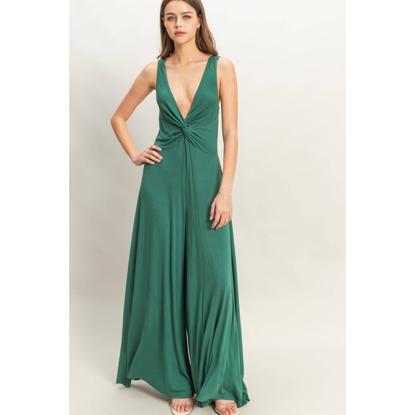 HF25C959-Knotted Bust Sleeveless Jersey Jumpsuit
