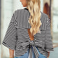Stripe Bowknot Cutout Back Drop Shoulder Wide Bracelet Tee