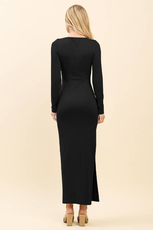 DOUBLE LAYERED BOAT NECK LONG SLEEVE SLIT MAXI