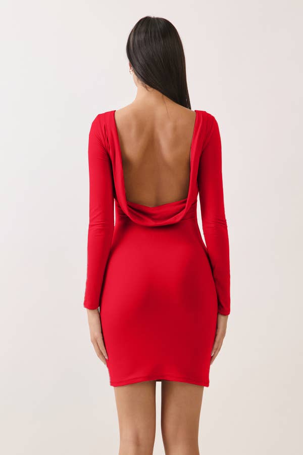 SELF DOUBLE BACK DRAPE LONG SLV MINI DRESS