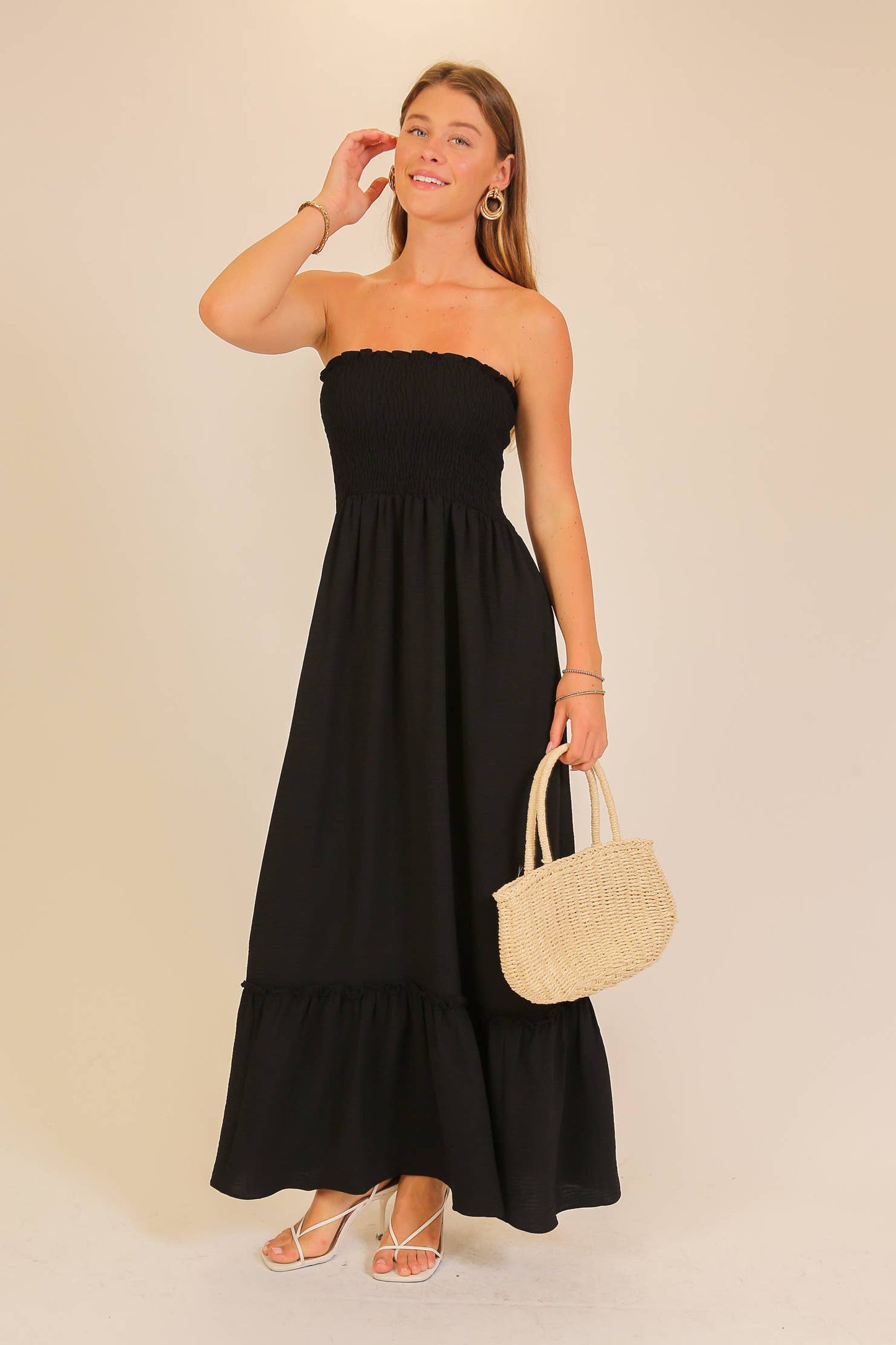 Strapless boho smocked top airflow maxi dress