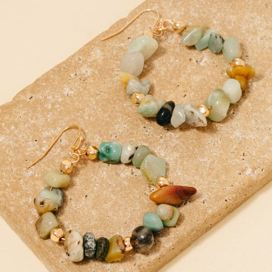 Semi Precious Stone Chip Beaded Hoop Dangle Earrings