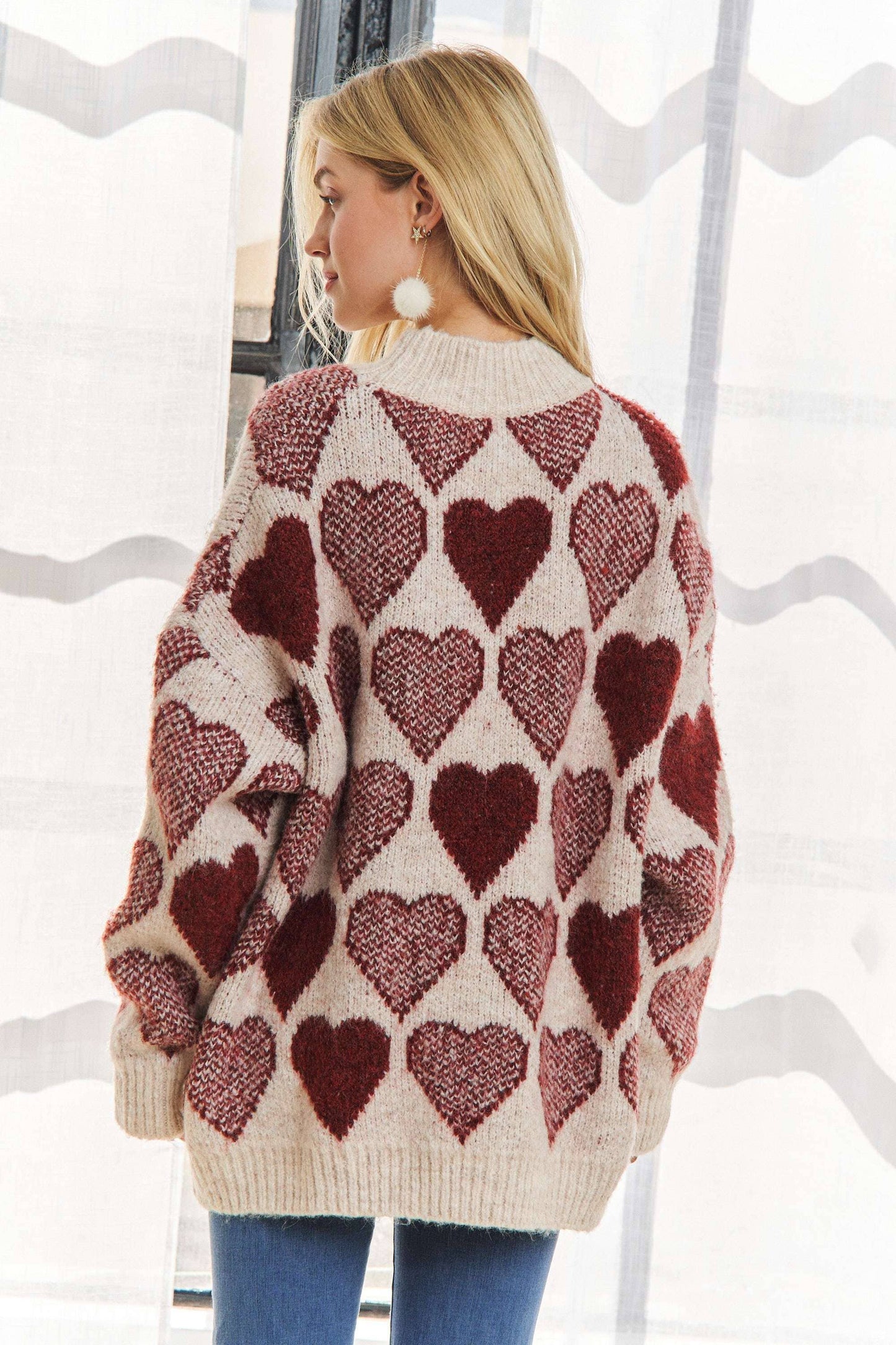 MOCK NECK HEART PRINT PULLOVER SWEATER