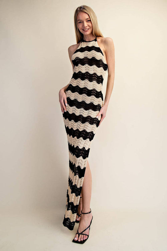 Crochet Halter Side Slit Maxi Dress - Taupe/Black