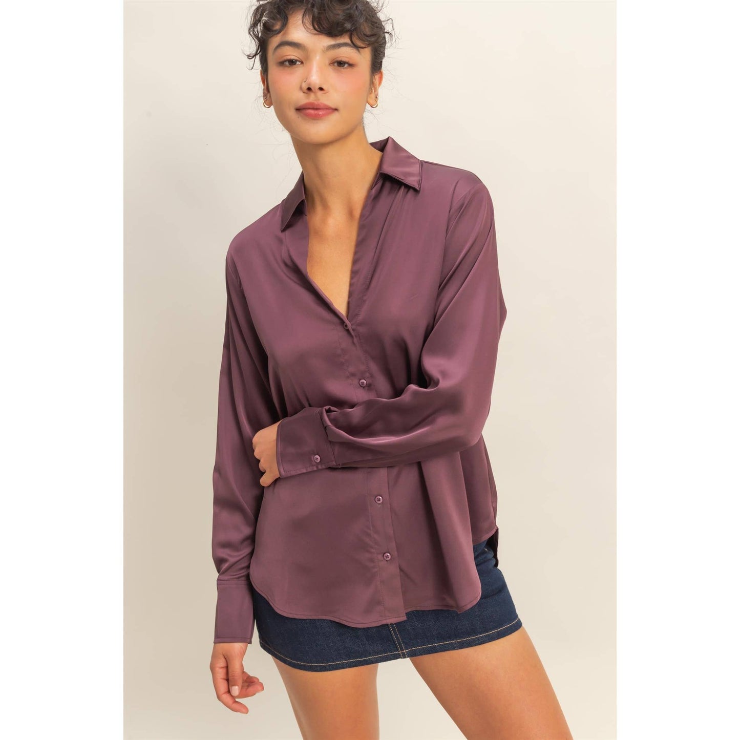 Desiree Smooth Satin Blouse With Collared Neckline