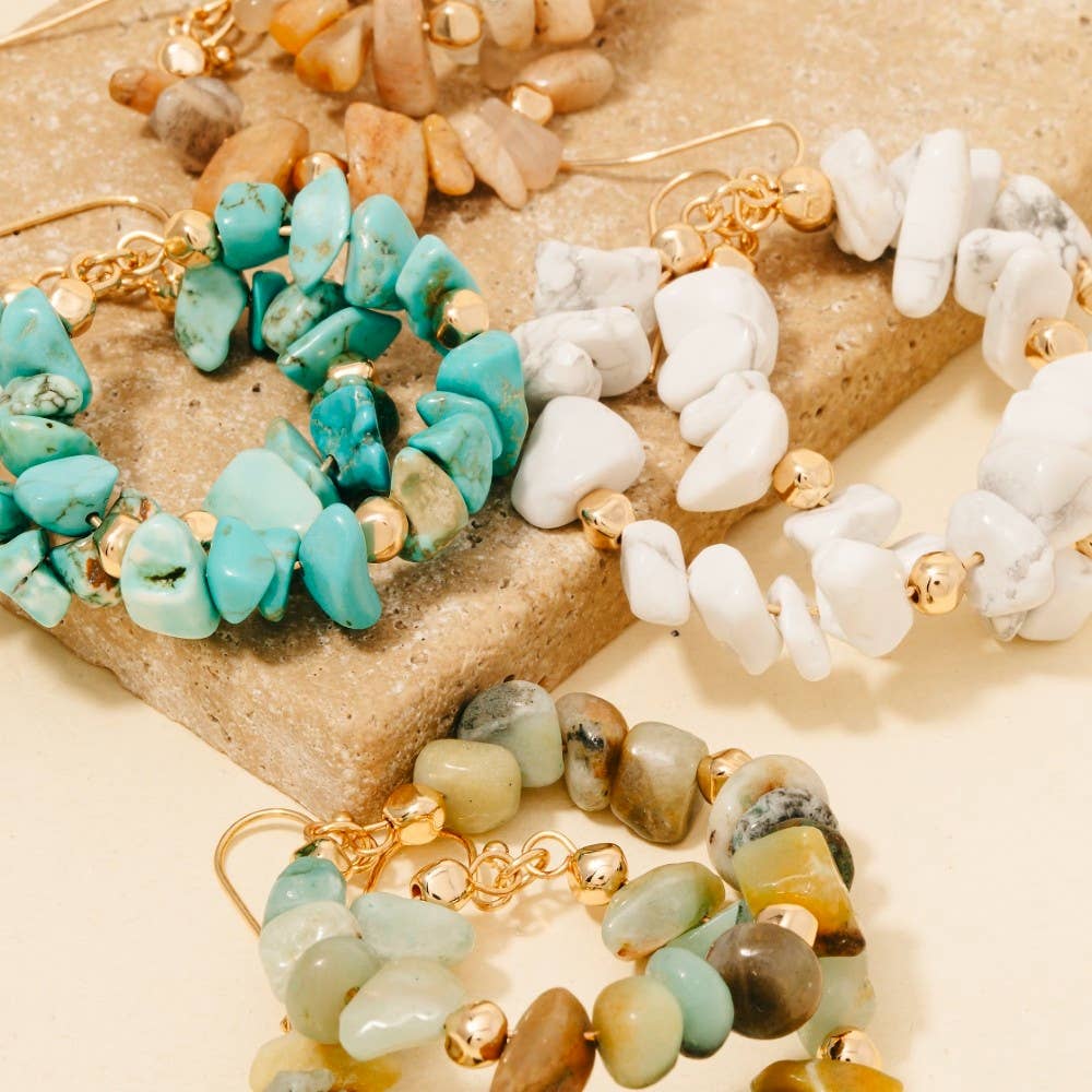 Semi Precious Stone Chip Beaded Hoop Dangle Earrings