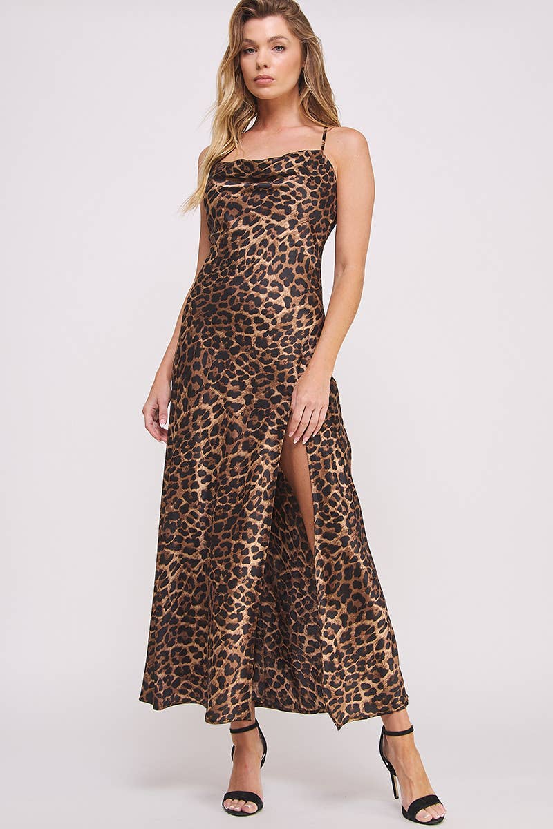 Savage Nights Leopard Satin Maxi Slip Dress