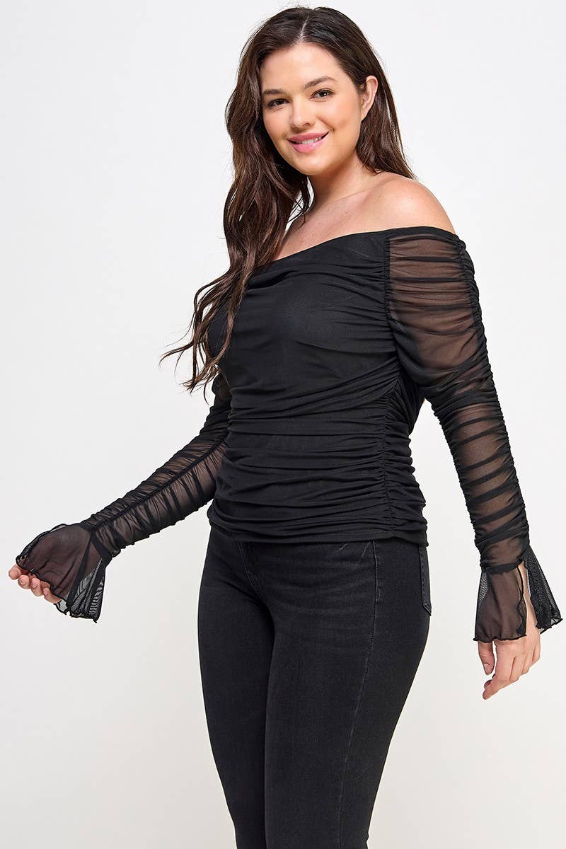 The Monica Plus Size Over the Shoulder Ruched Mesh Top