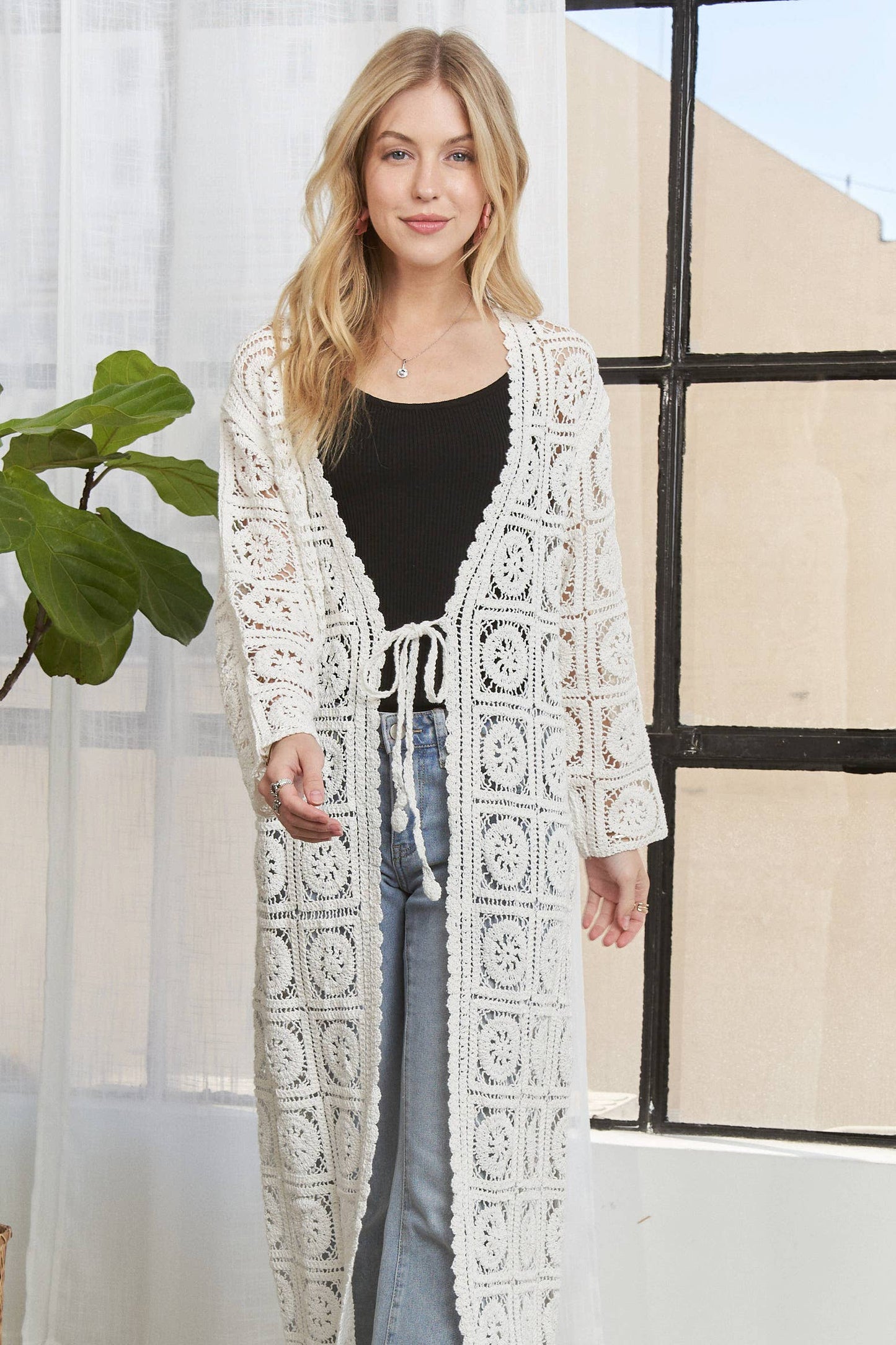 CESW3831- LONG SLEEVES CROCHET ELASTIC CARDIGAN