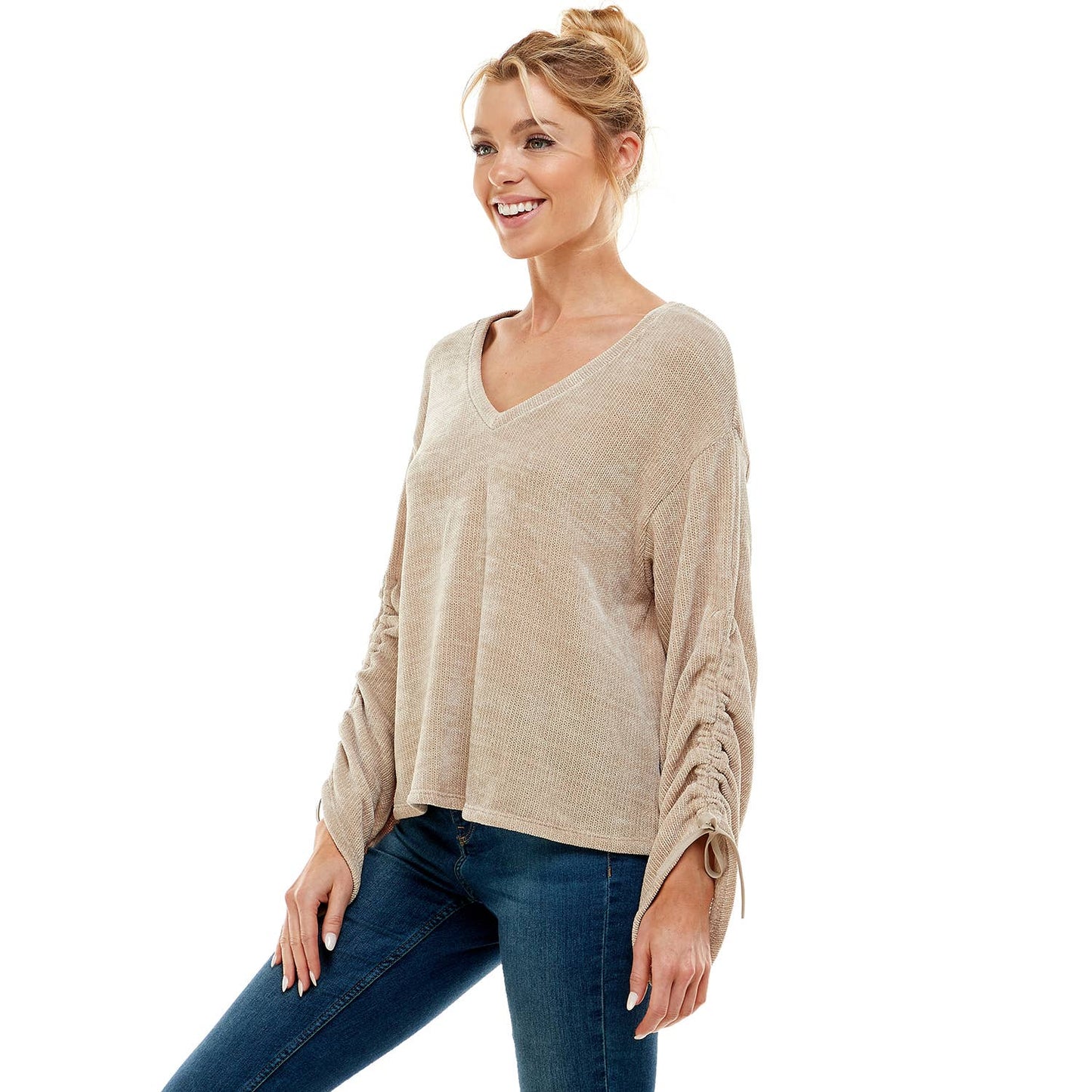 V NECK CHENILLE SWEATER WITH RUCHED SLEEVE