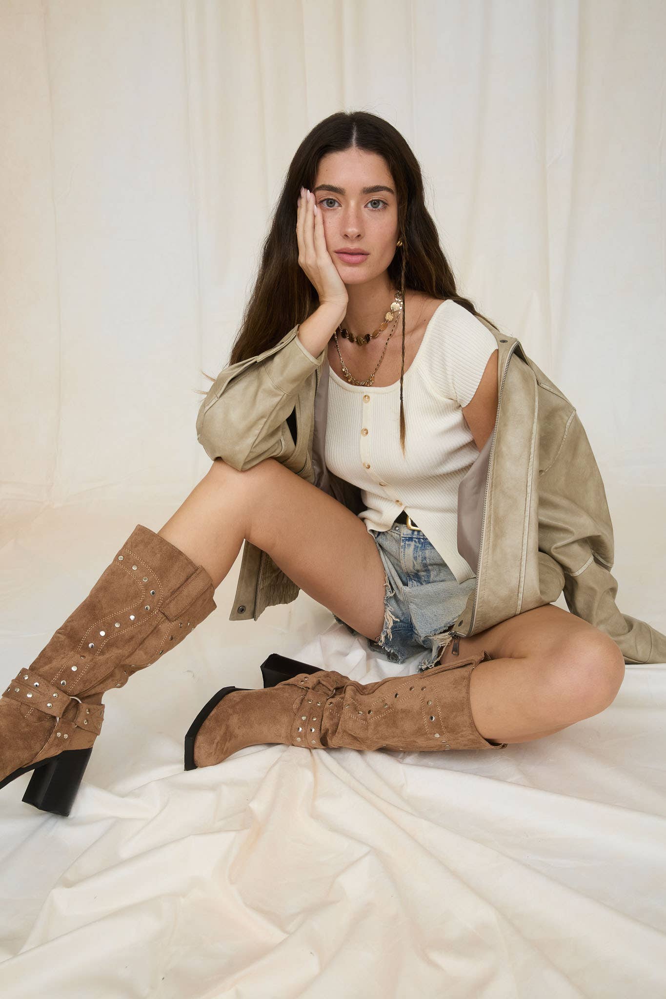 WASHED FAUX LEATHER COLLARED ZIP-UP JACKET